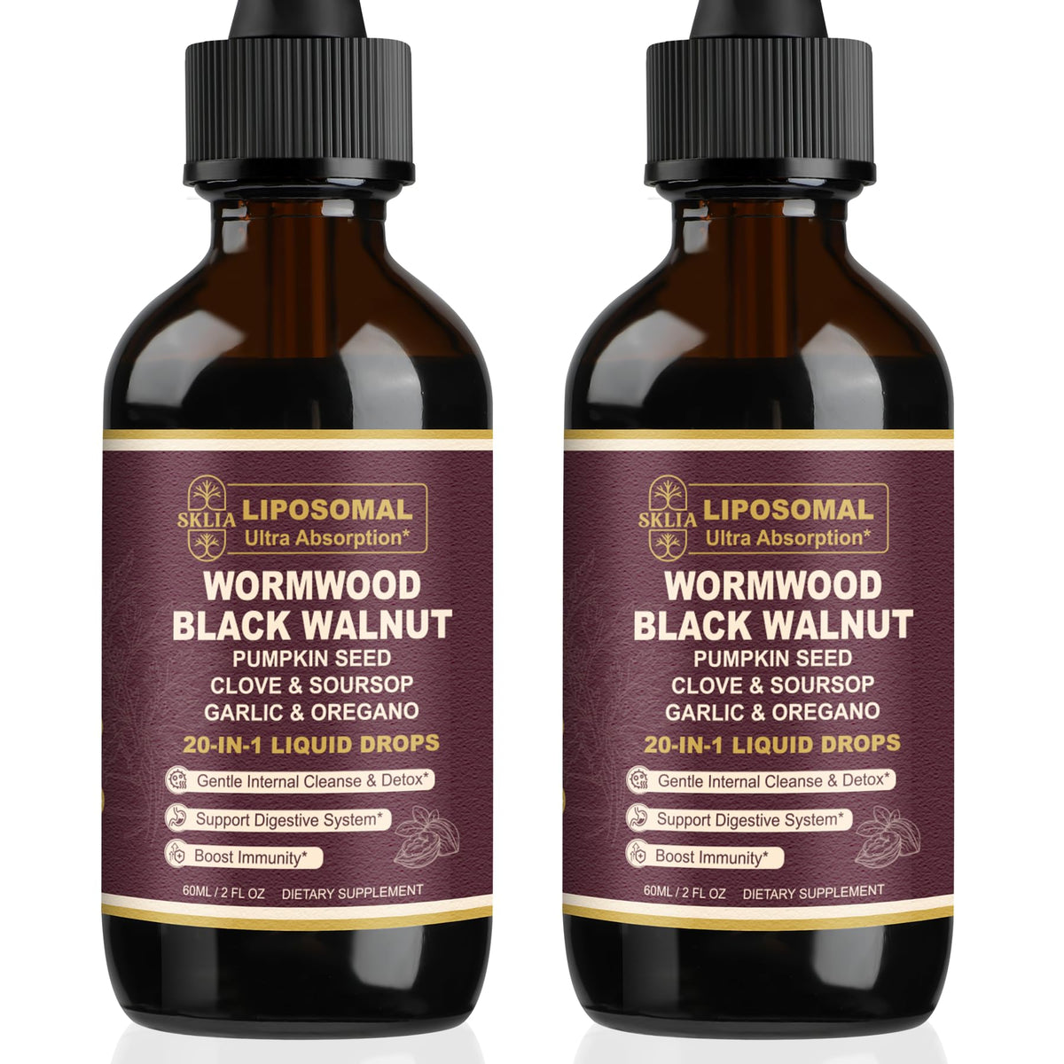 SKLIA 20-in-1 Wormwood Cleanse bottle with high absorption benefits for gut support
