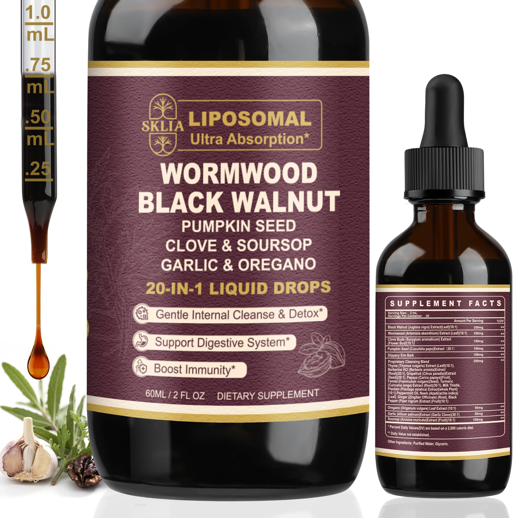 SKLIA 20-in-1 liposomal wormwood bottle showing enhanced nutrient delivery