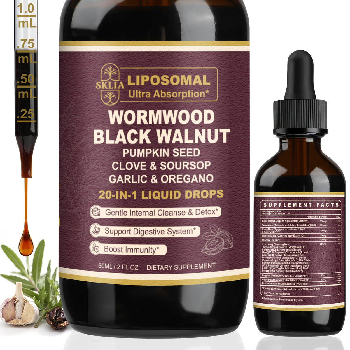 SKLIA 20-in-1 liposomal wormwood bottle showing enhanced nutrient delivery