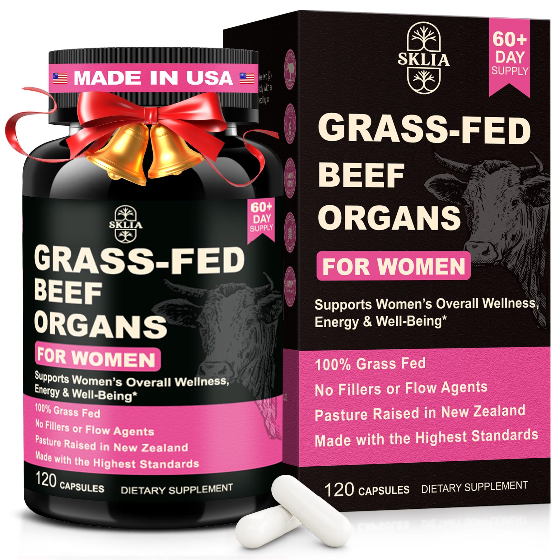 SKLIA beef organs for women bottle highlights grass-fed blend supporting daily energy.