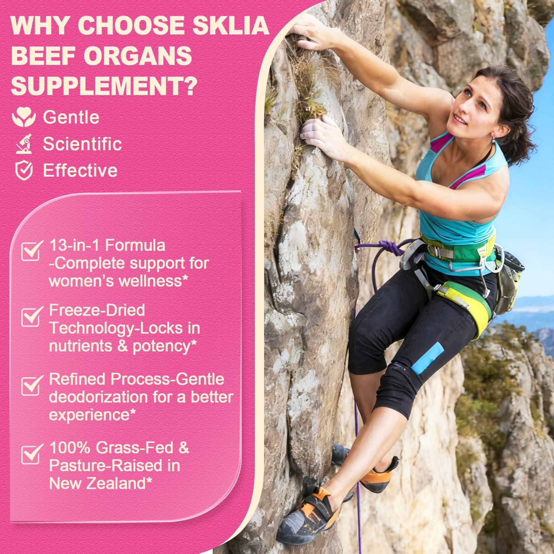 SKLIA grass-fed pasture-raised cattle capsules highlight natural iron and B vitamins.