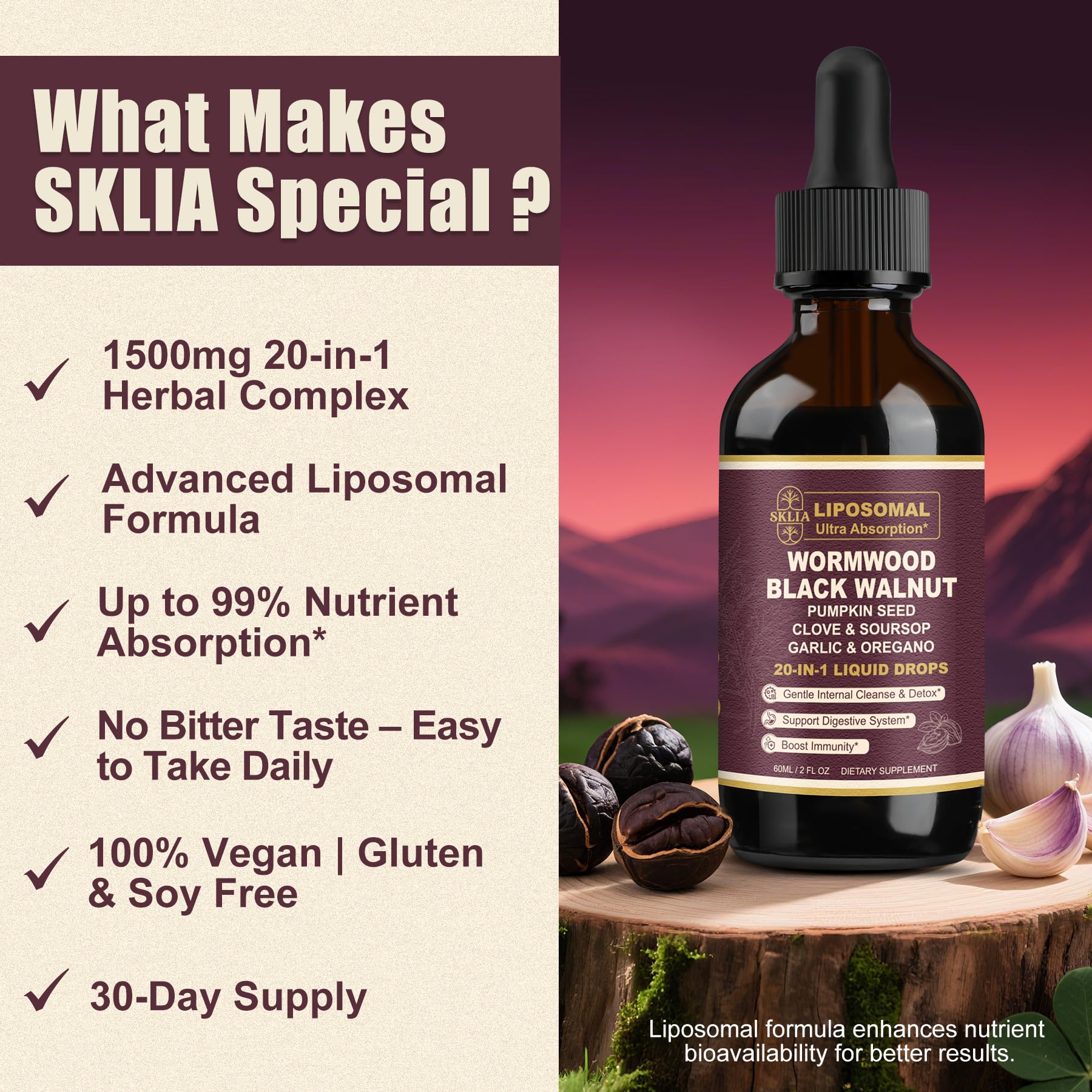 SKLIA bottle labeled USA-made vegan and allergen-free