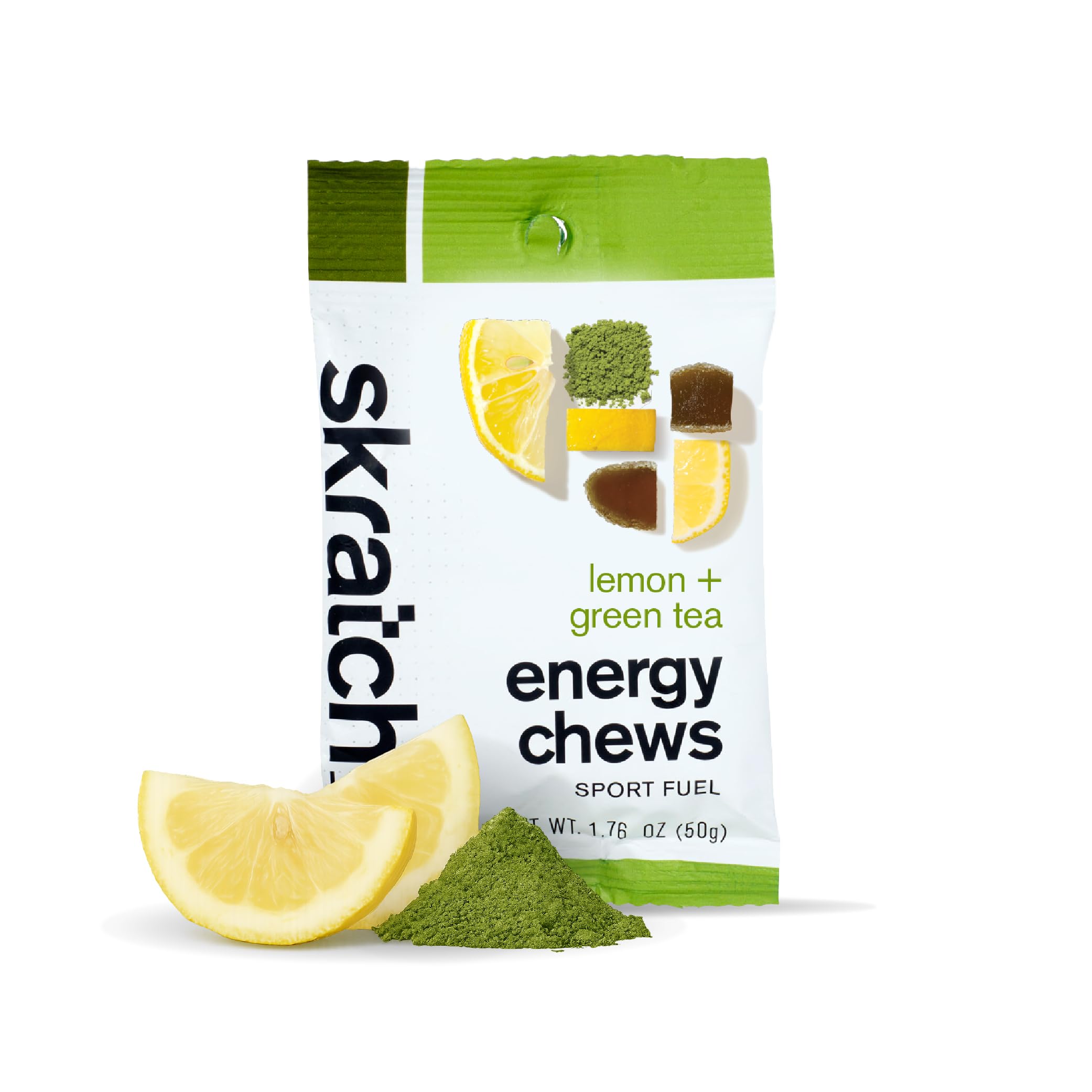 Skratch Labs Energy Chews lemon–matcha bag for on-the-go fueling during workouts.