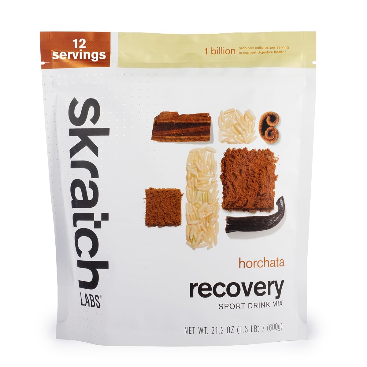 Skratch Labs horchata recovery powder for post-workout flavor and hydration support.