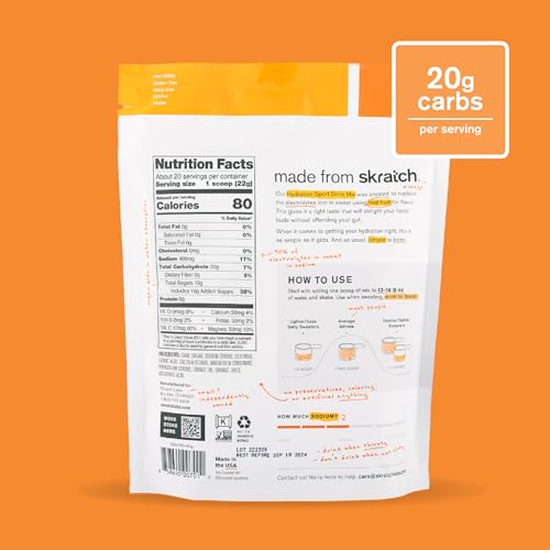 Skratch Labs Hydration Orange powder pouring into glass for quick, easy rehydration after training.