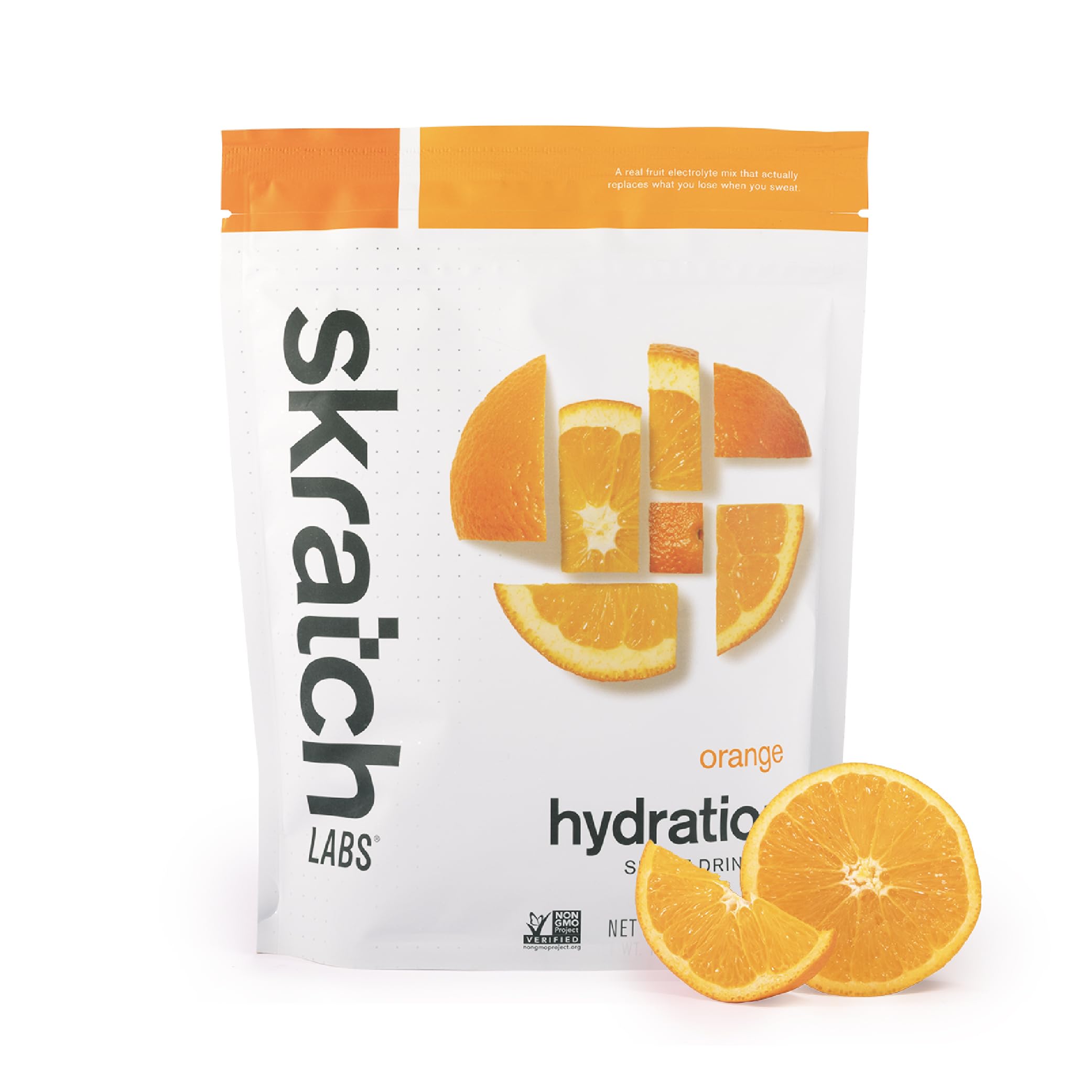 Skratch Labs Hydration Orange powder tub showing real fruit flavor for clean hydration during workouts.