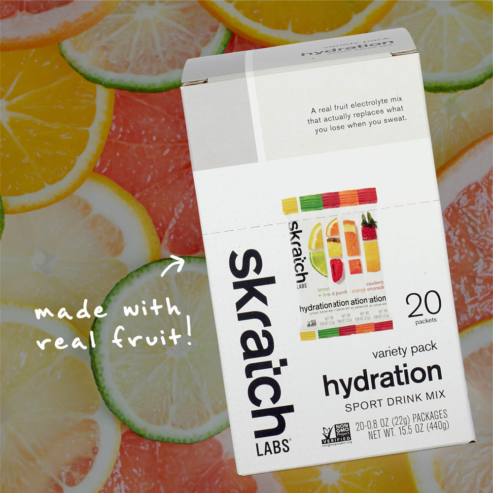 Skratch Labs Hydration Packets stashed in a gym bag for on-the-go hydration.