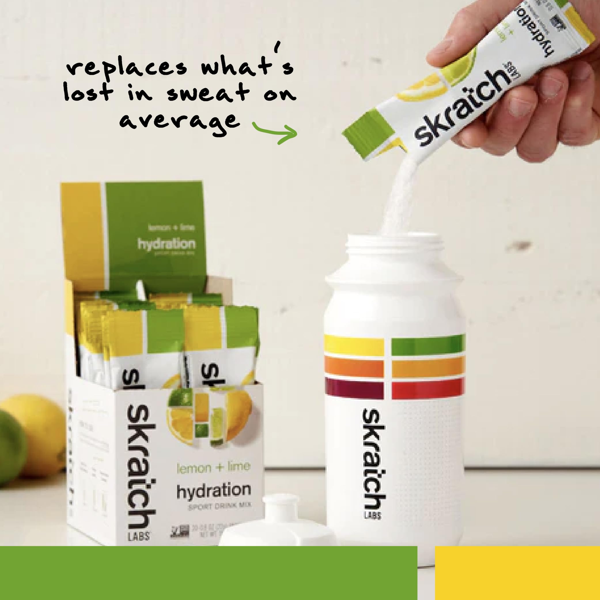 Skratch Labs Hydration Packets lemon-lime close-up showing vibrant flavor.