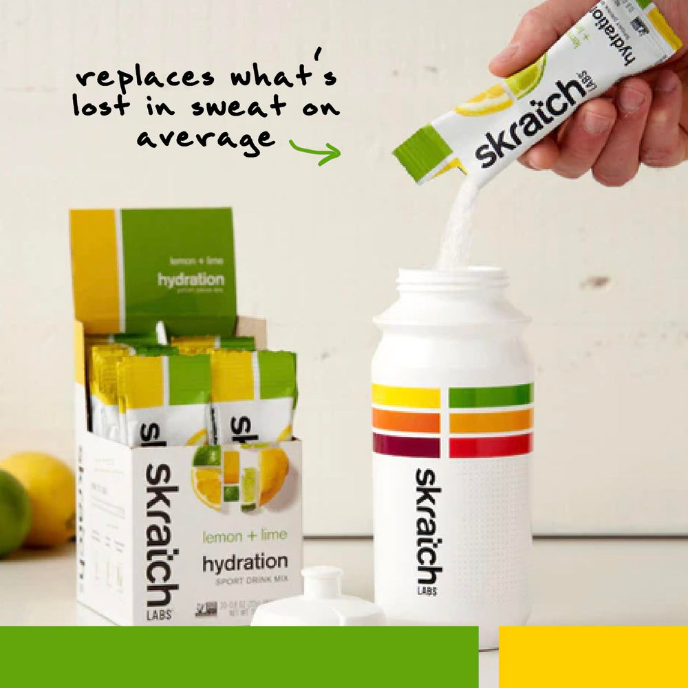Skratch Labs Hydration Packets lemon-lime close-up showing vibrant flavor.