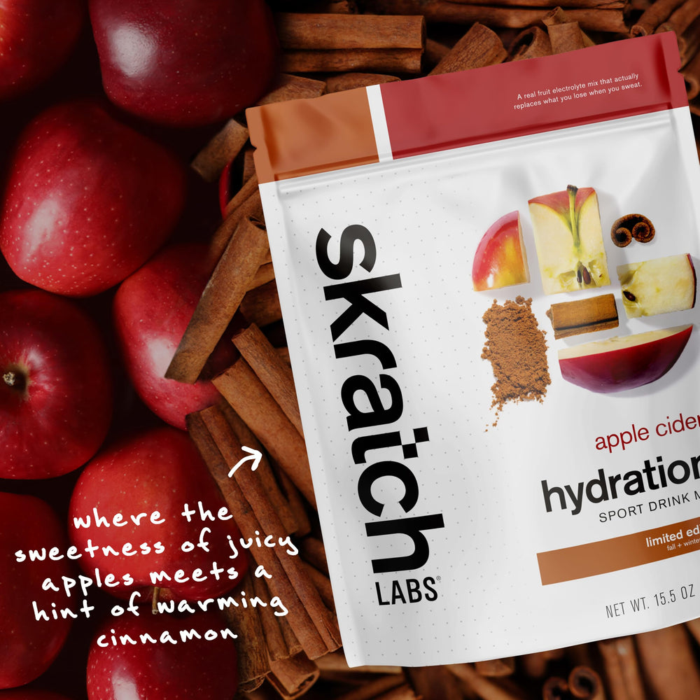 Skratch Labs Hydration Powder Apple Cider product image highlighting gluten-free and kosher status