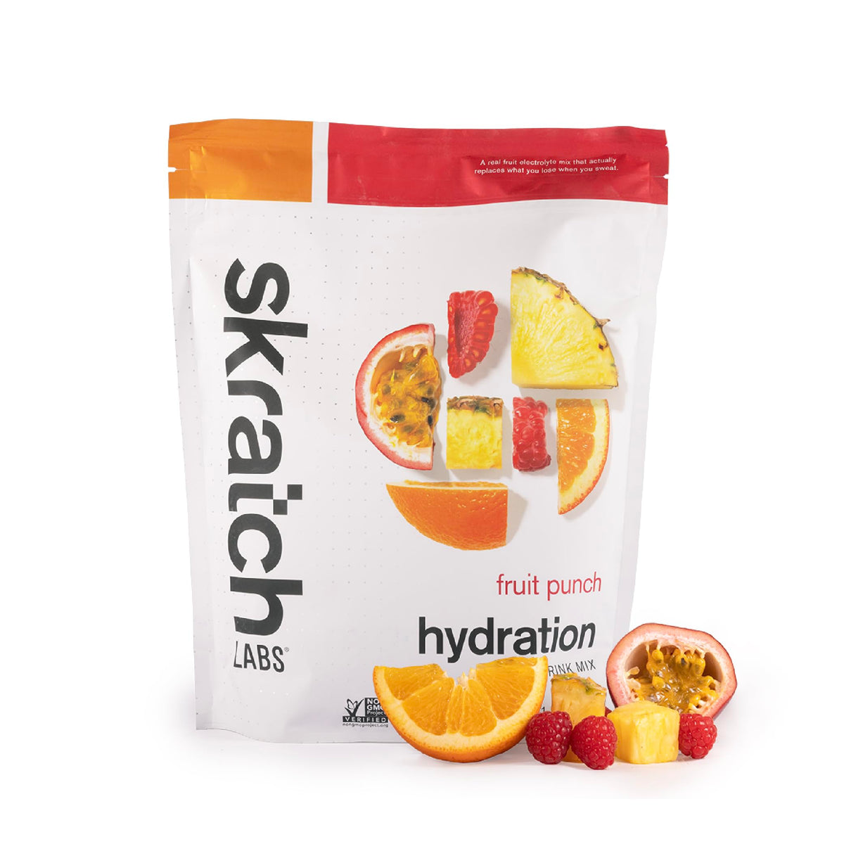 Skratch Labs Hydration Powder front label shows Fruit Punch flavor for clean fueling