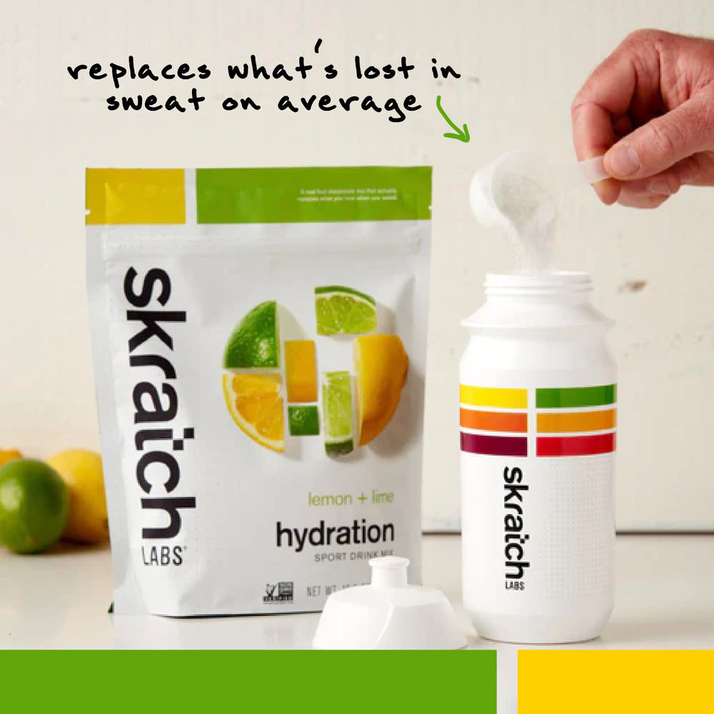 Skratch Labs hydration powder label close-up showing real fruit flavor