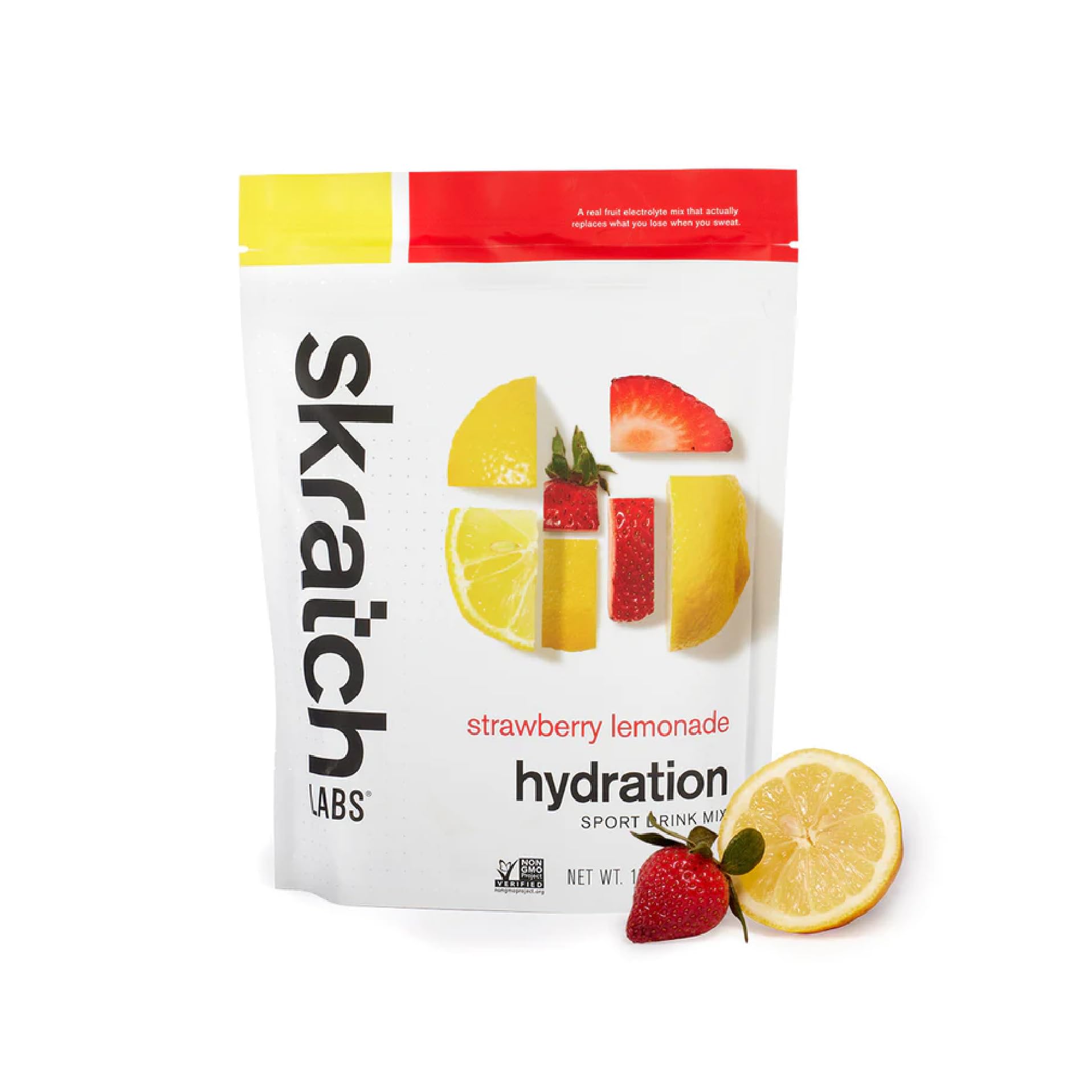 Skratch Labs Hydration Powder mixed with water; lemon and strawberry visuals