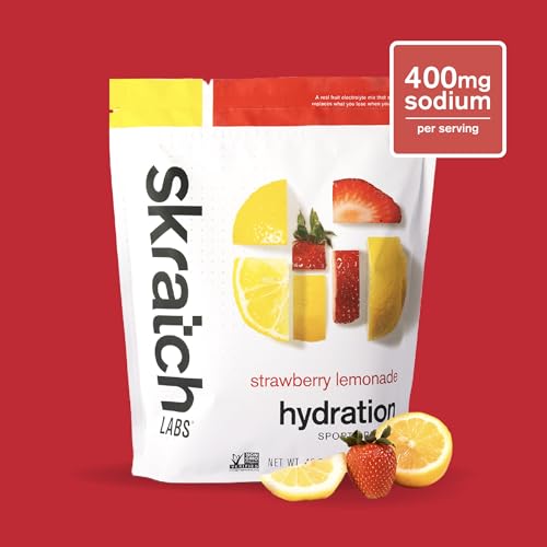 Glass with mixed Skratch Labs Strawberry Lemonade hydration drink after training
