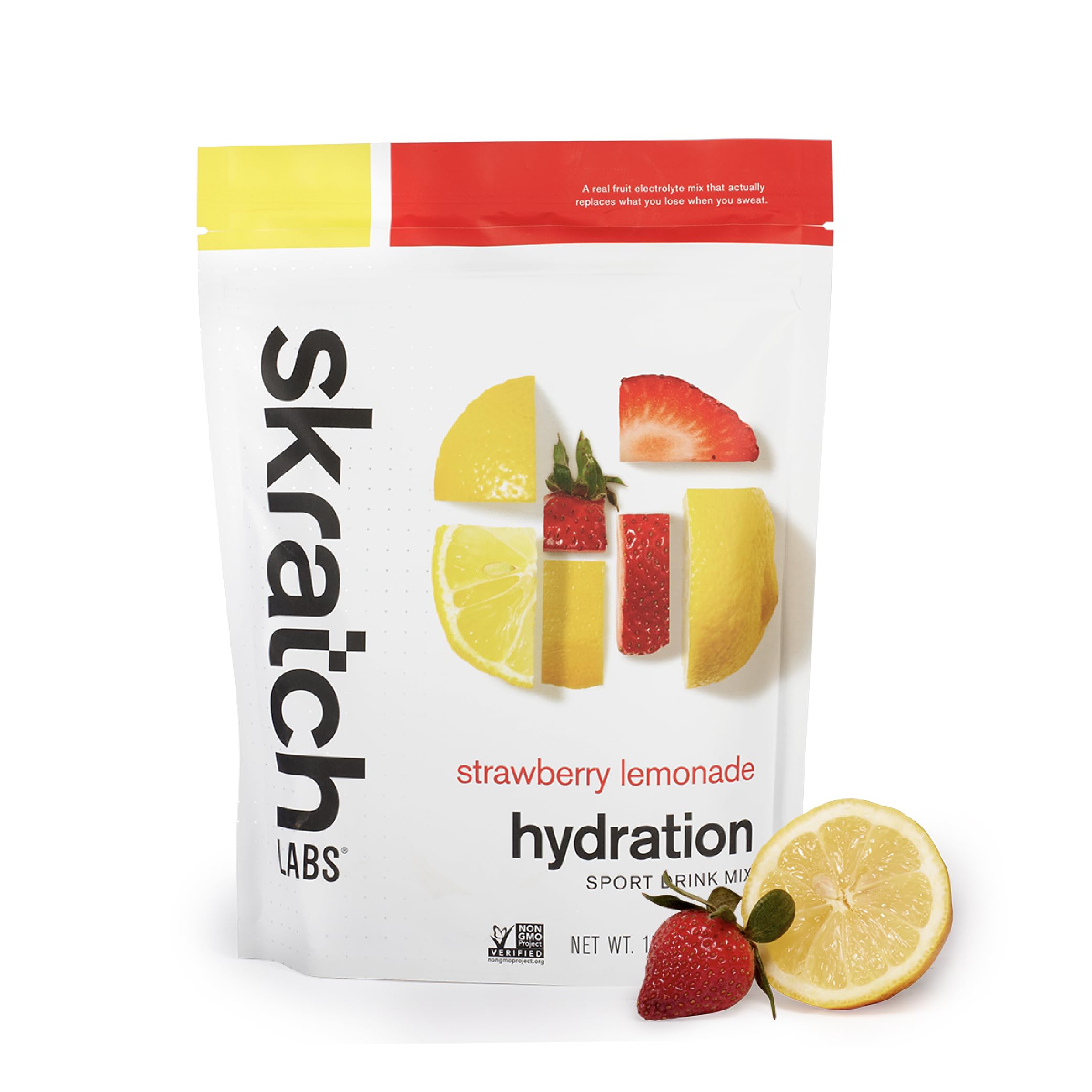 Skratch Labs Hydration Powder Strawberry Lemonade packaging ready for on-the-go hydration