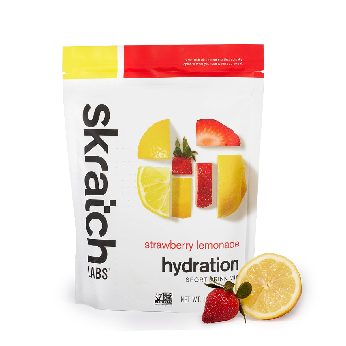 Skratch Labs Hydration Powder Strawberry Lemonade packaging ready for on-the-go hydration