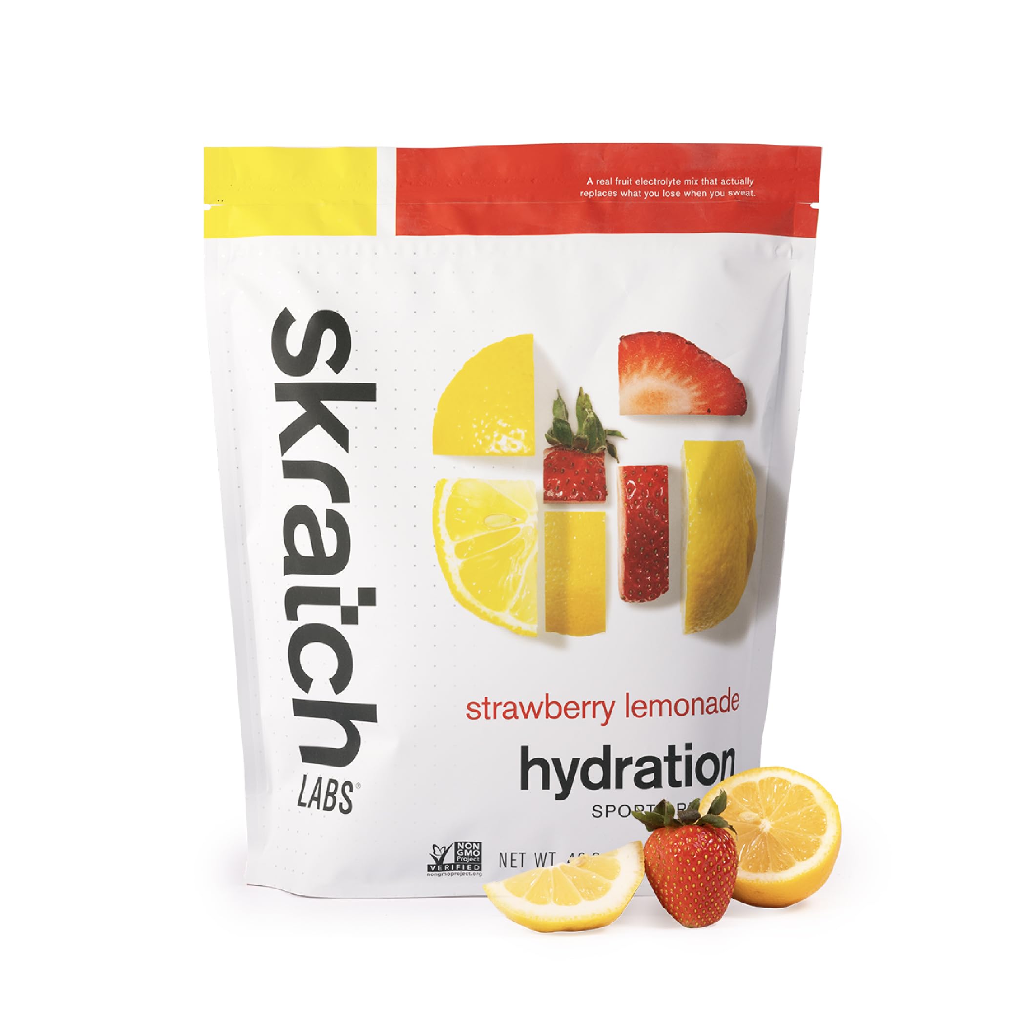 Skratch Labs Hydration Powder Strawberry Lemonade tub ready for mixing during workouts