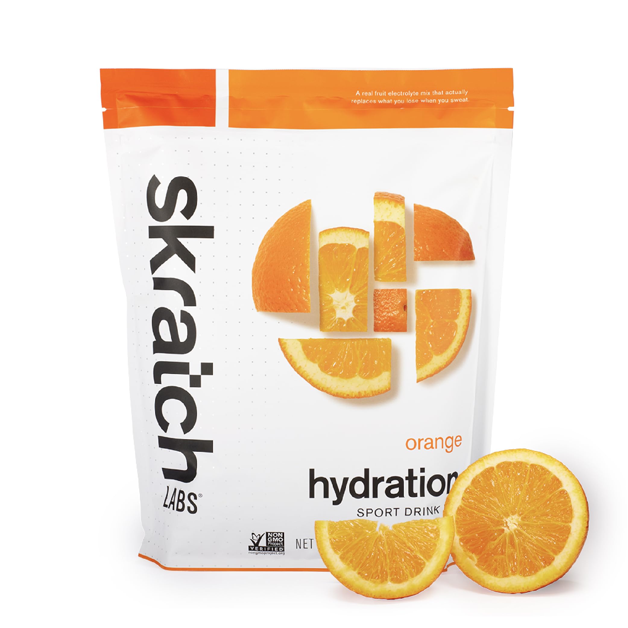 Skratch Labs Hydration Powder packaging displaying orange flavor for on-the-go hydration.