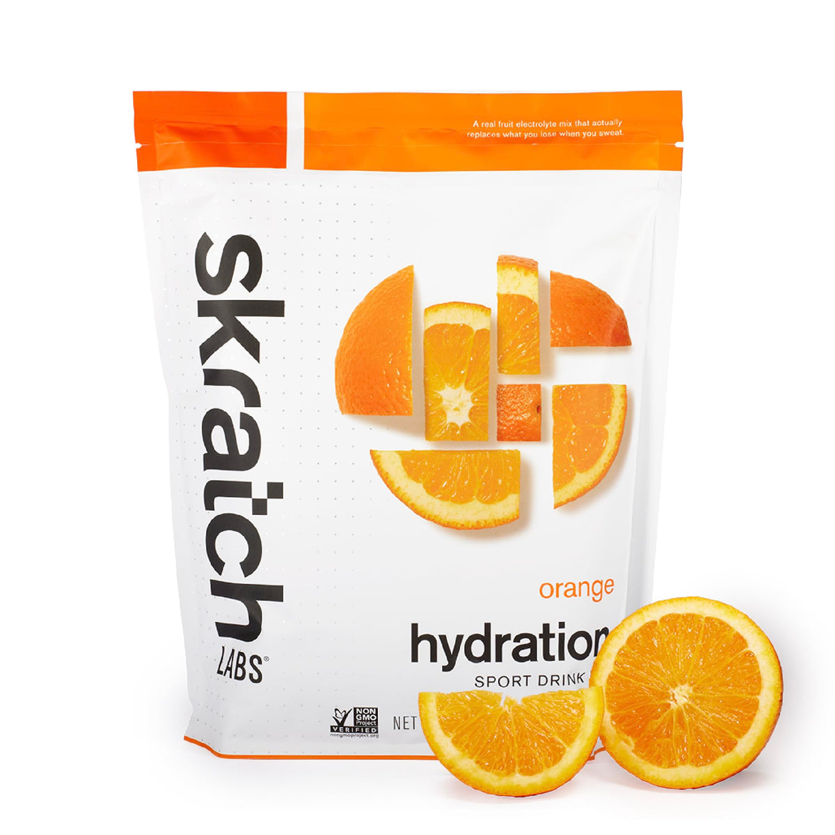 Skratch Labs Hydration Powder packaging displaying orange flavor for on-the-go hydration.