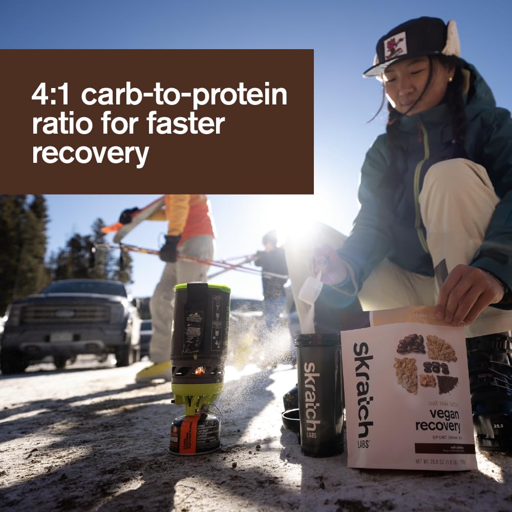 Skratch Labs Recovery Oat Milk Latte kitchen counter setup for quick recovery.