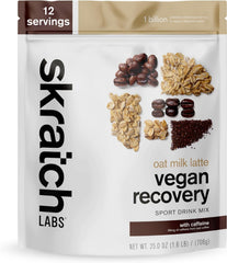 Skratch Labs Recovery Oat Milk Latte tub front, gluten-free and dairy-free post-exercise option.