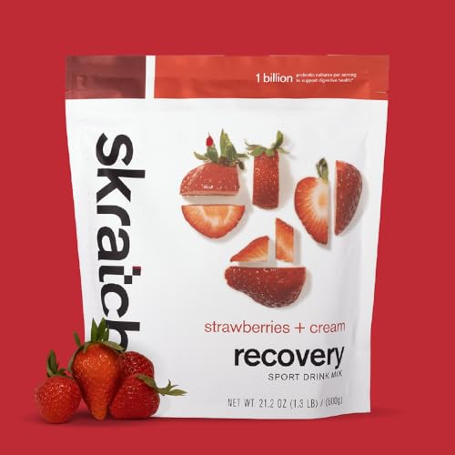 Skratch Labs Recovery Strawberries Cream bottle for convenient post-workout nutrition on the go.