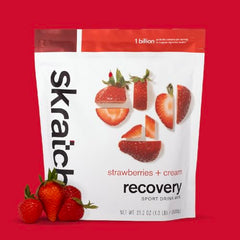 Skratch Labs Recovery Strawberries Cream bottle for convenient post-workout nutrition on the go.