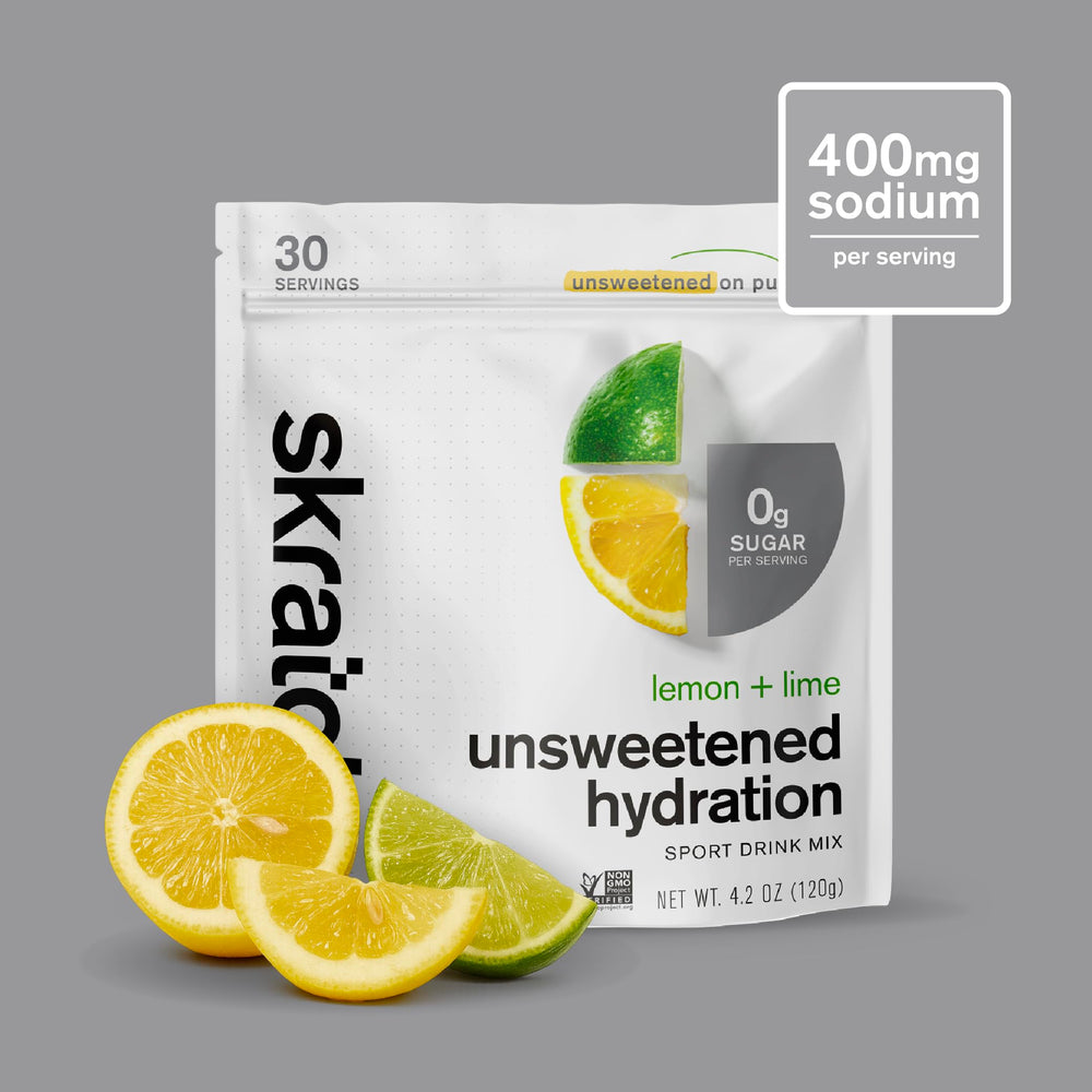 Skratch Labs Unsweetened Hydration pack shown with citrus notes and portability.