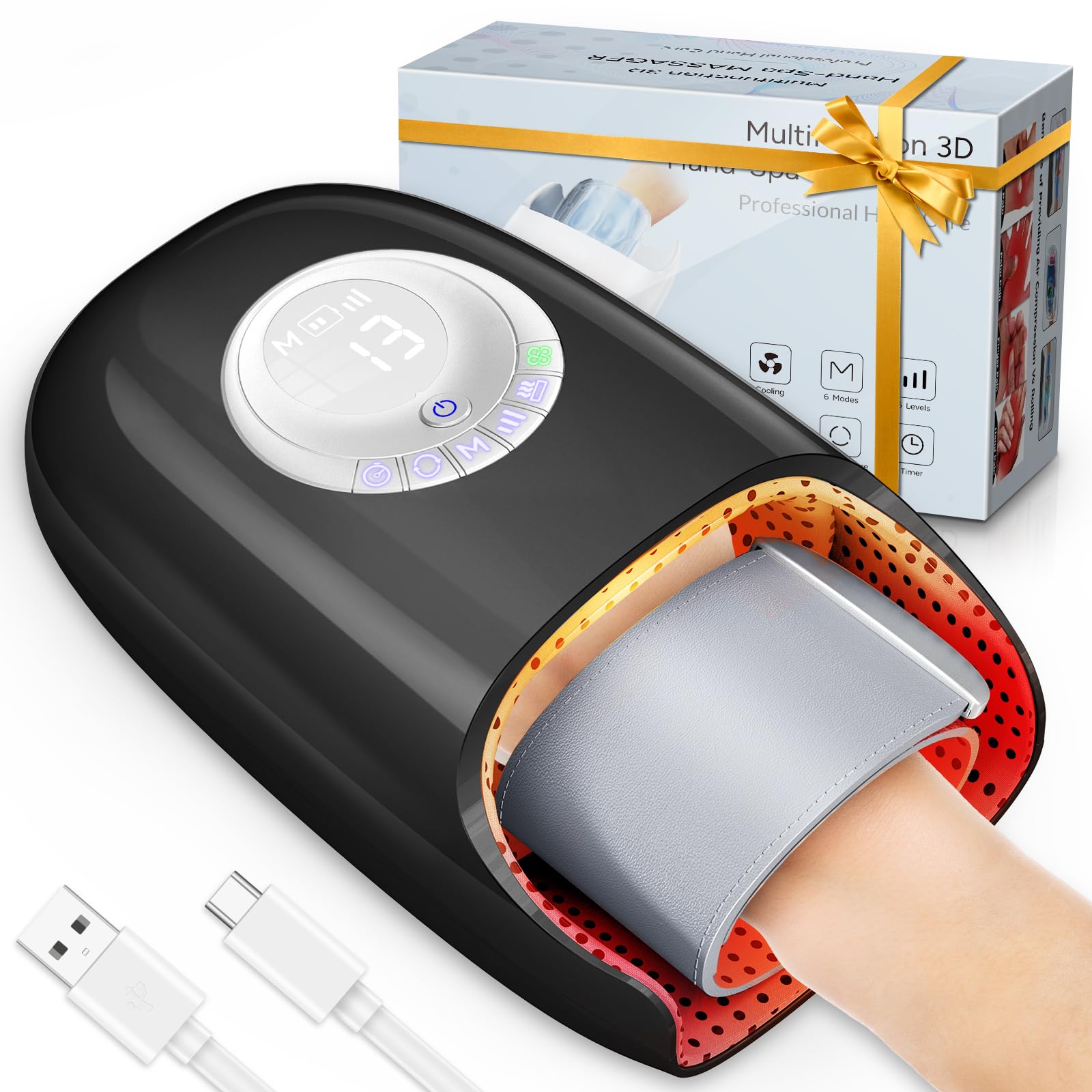 SKRFORM hand massager front view showing heat and compression in use
