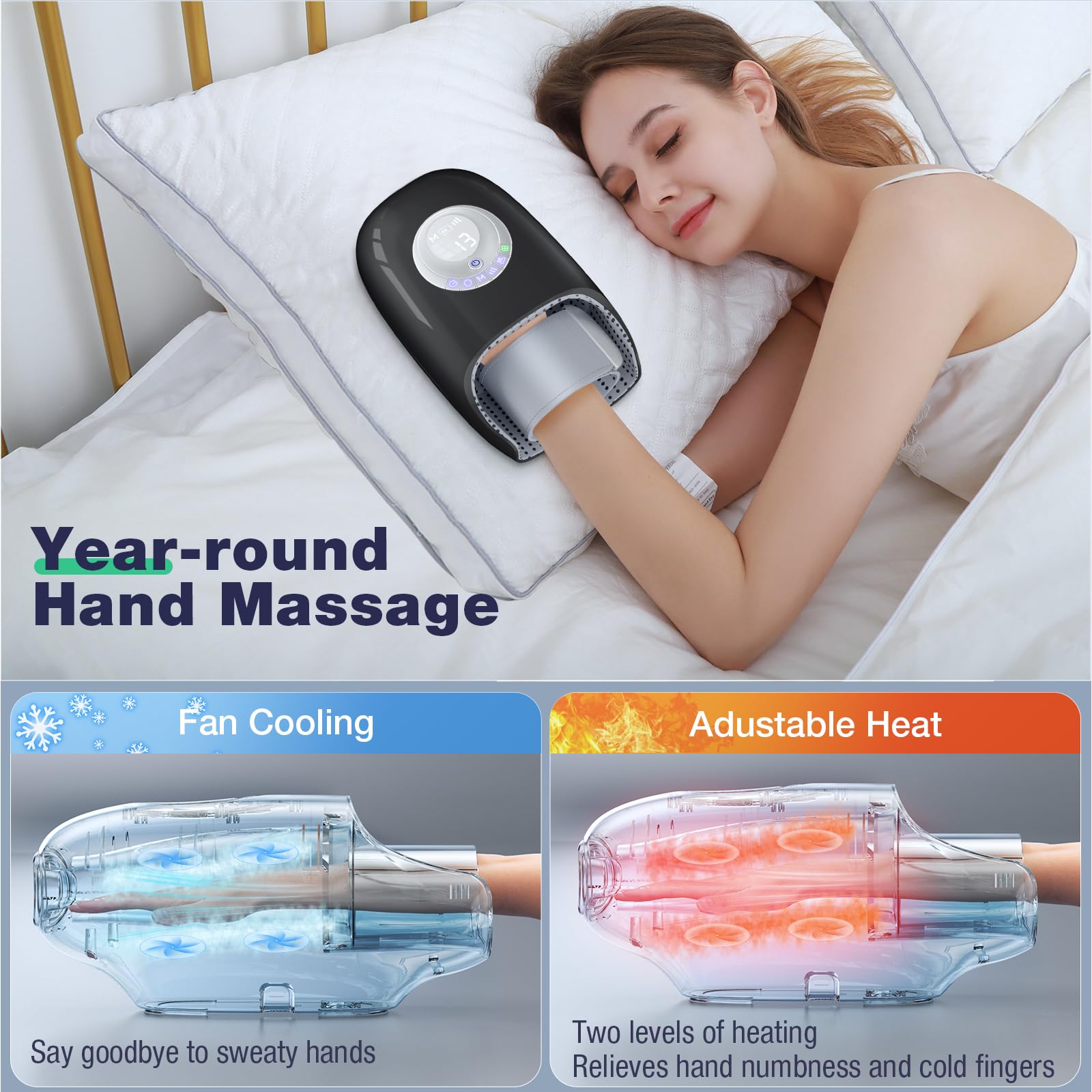 Two heating levels on SKRFORM hand massager for warmth