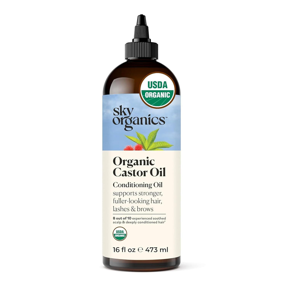 Sky Organics Castor Oil bottle closeup showing pure, hexane-free formula for scalp care
