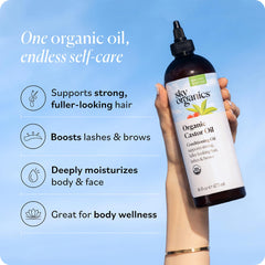 Sky Organics Castor Oil being poured to illustrate liquid texture and purity