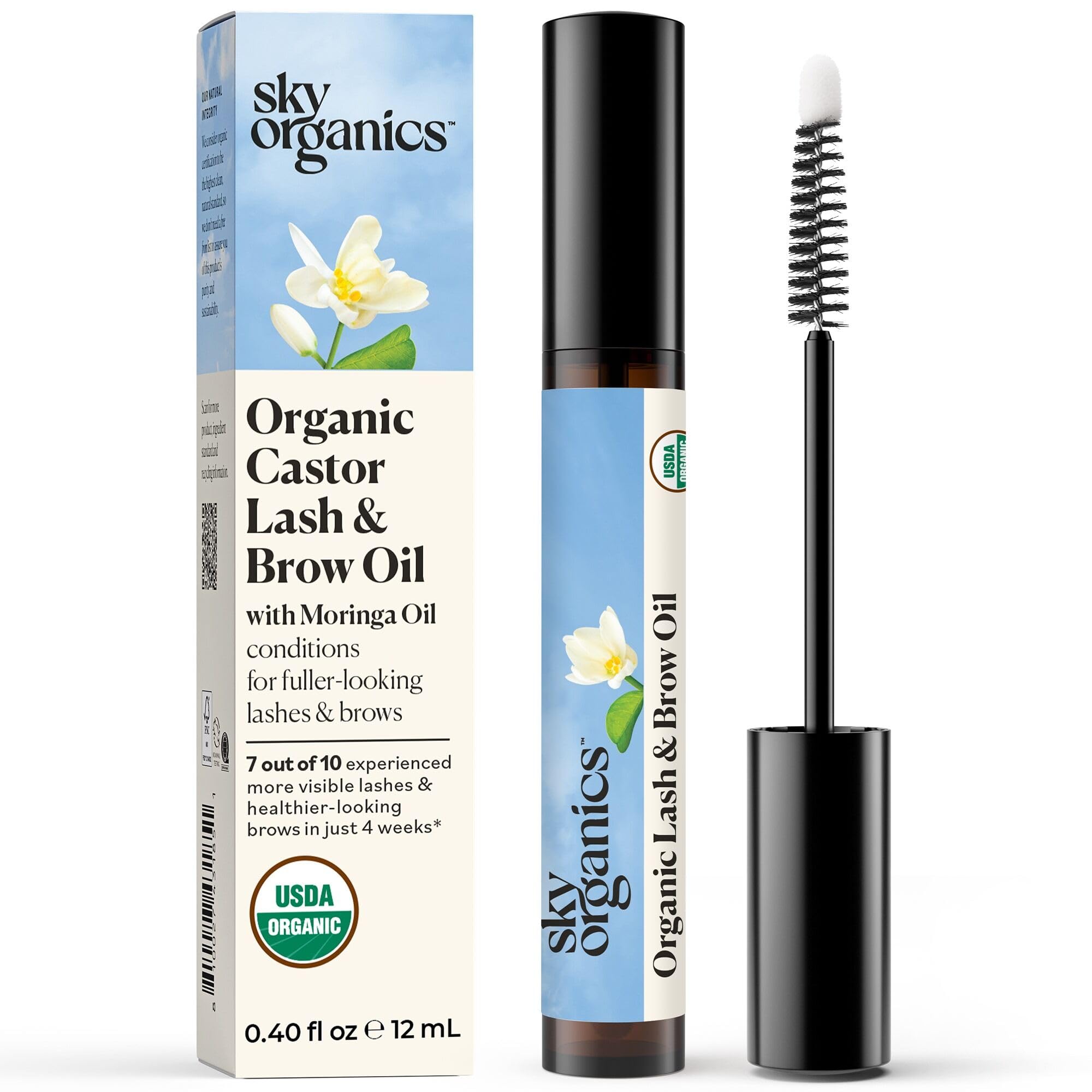 Sky Organics lash and brow oil bottle for nourishing roots and fuller-looking lashes.