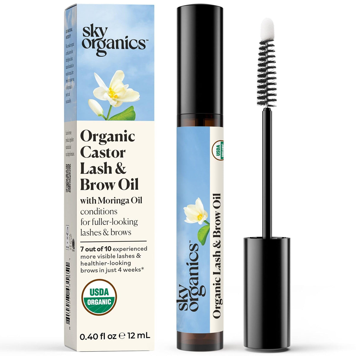Sky Organics lash and brow oil bottle for nourishing roots and fuller-looking lashes.