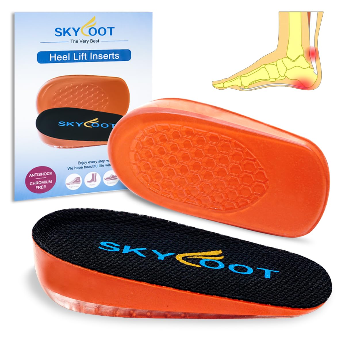 Skyfoot orthopedic heel lift inserts, front view, cushion the heel for all day comfort.