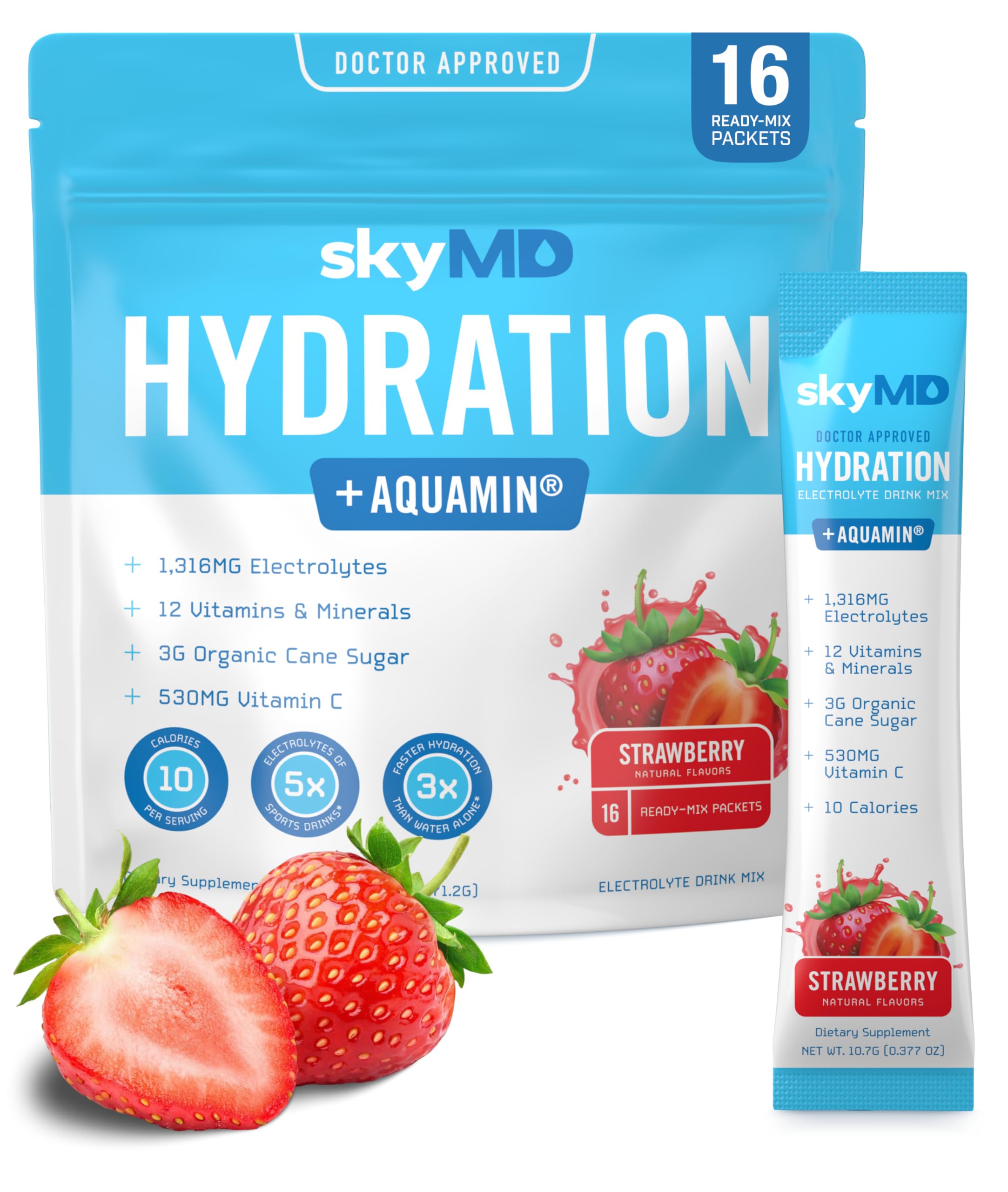 SkyMD Daily Hydration front label shows strawberry flavor and on-the-go hydration.