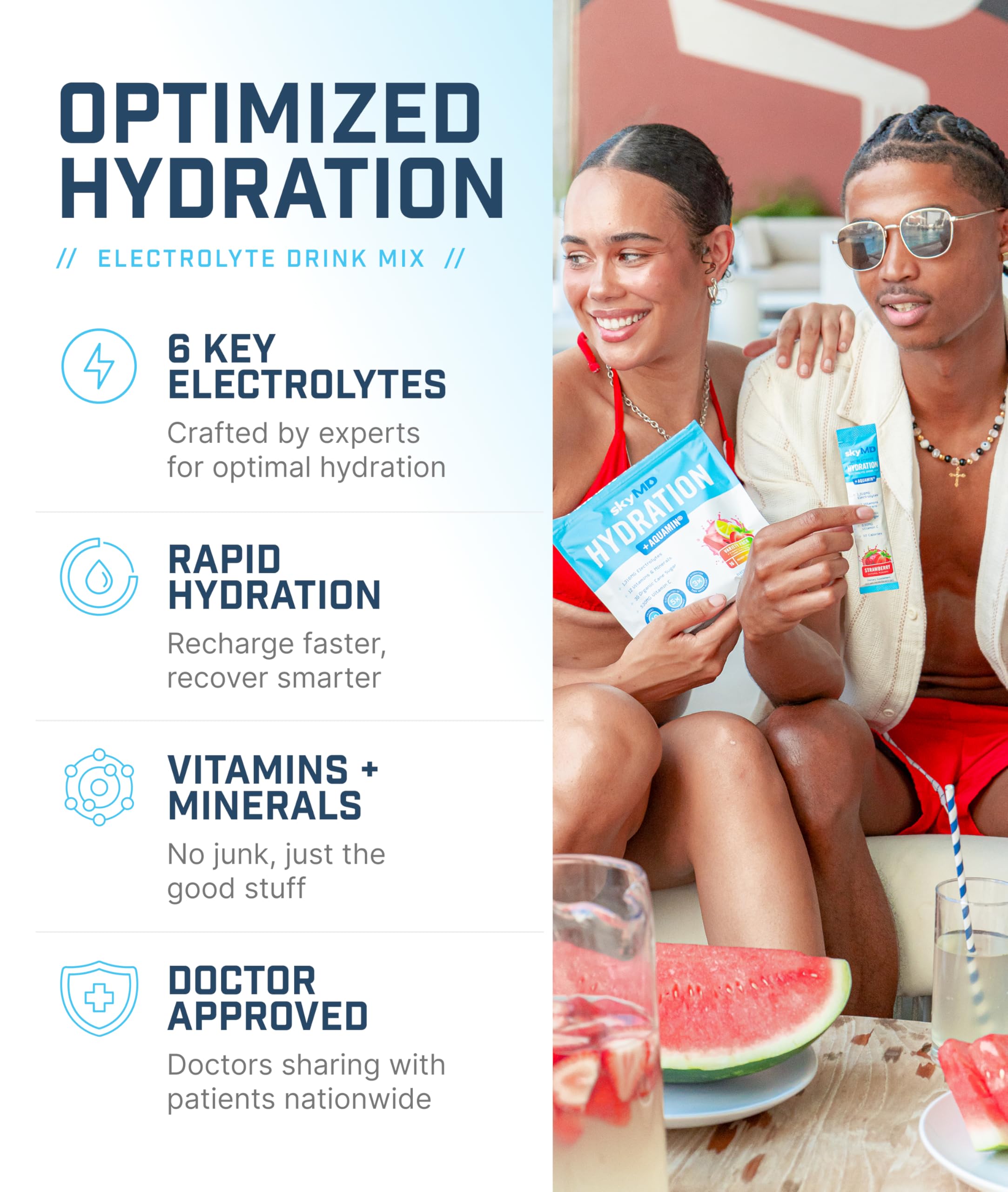 SkyMD Daily Hydration strawberry flavor packaging highlights low sugar and 10 calories.