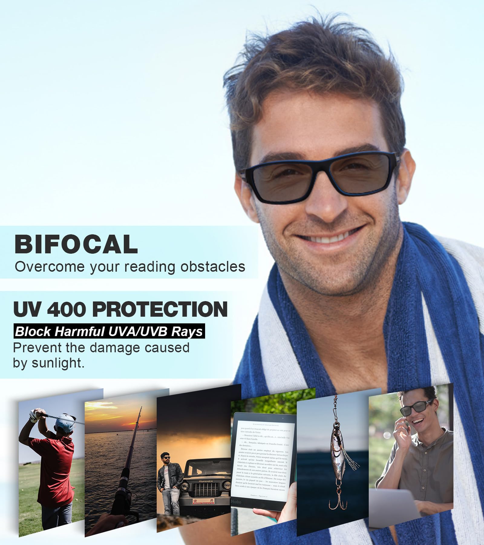 SKYOAK bifocal sunglasses lens close-up shows UV400 protection and clarity