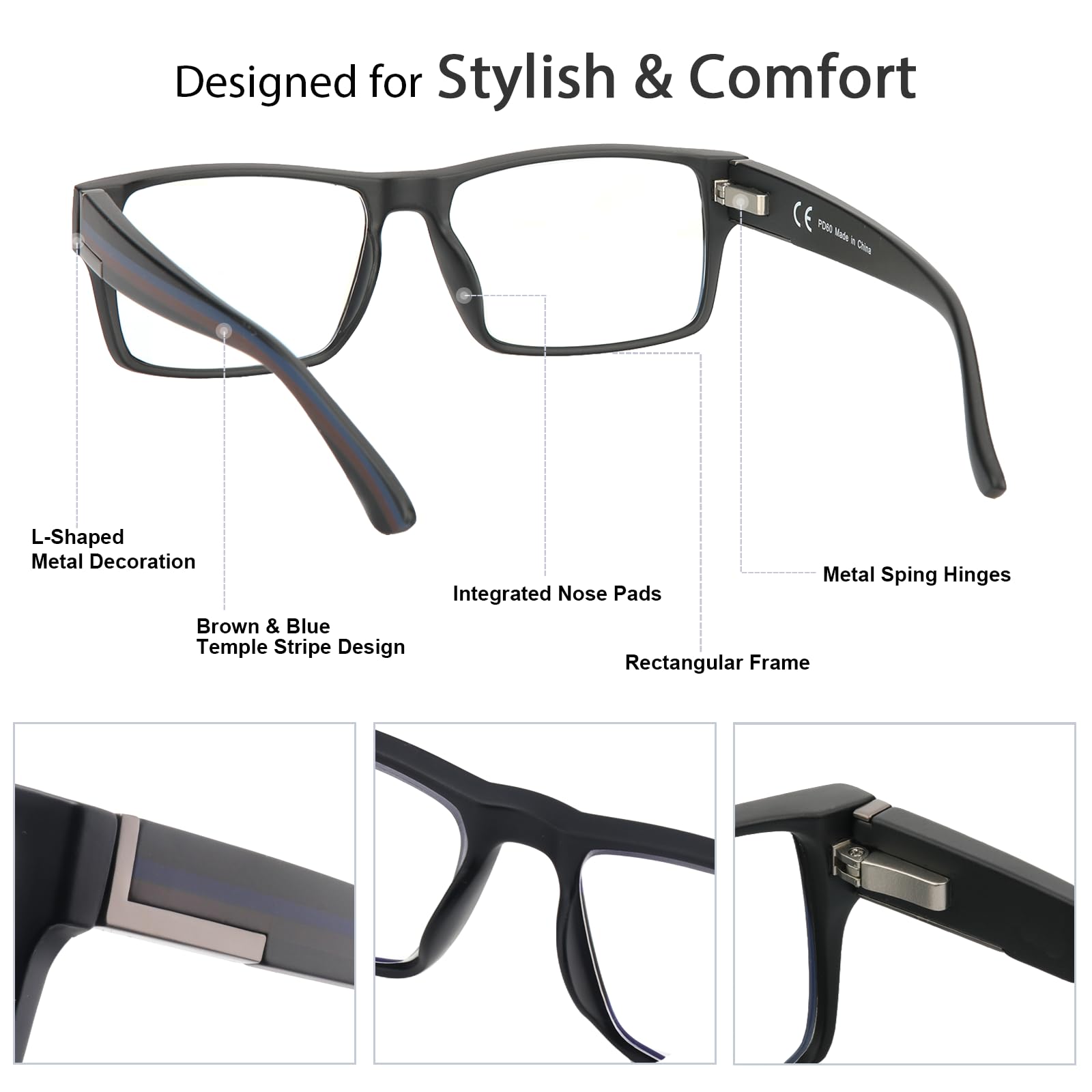 SKYOAK lens close-up with blue light coating benefits reducing eye strain during screen time.
