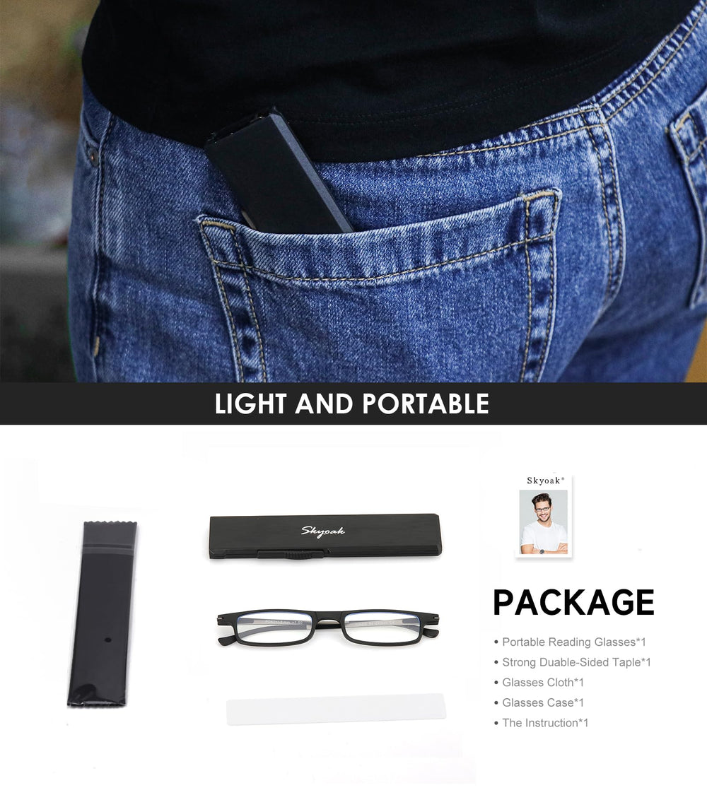 SKYOAK pocket-friendly reading glasses in use near phone