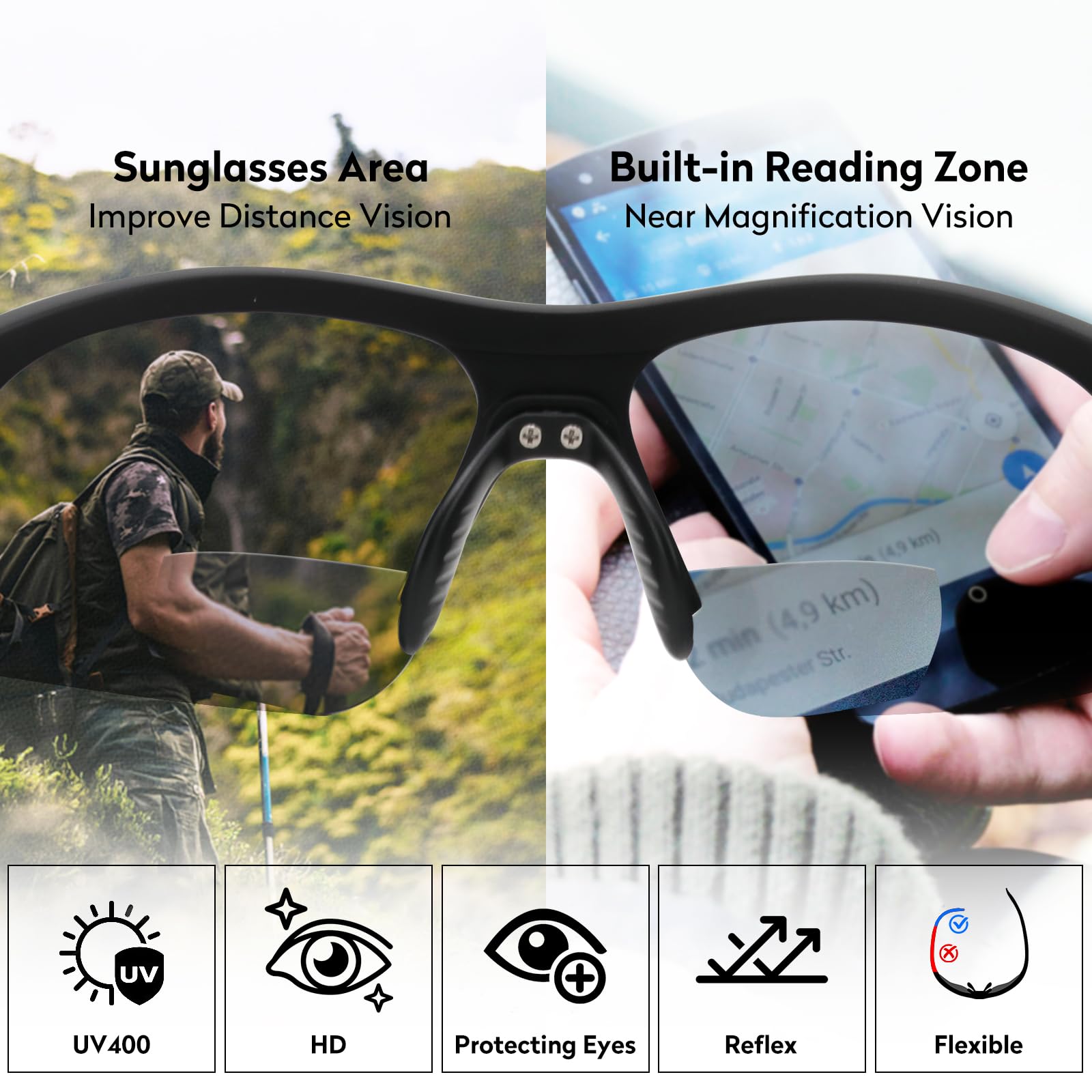 Skyoluy sport-ready reading sunglasses support on-the-go reading during hikes and rides.