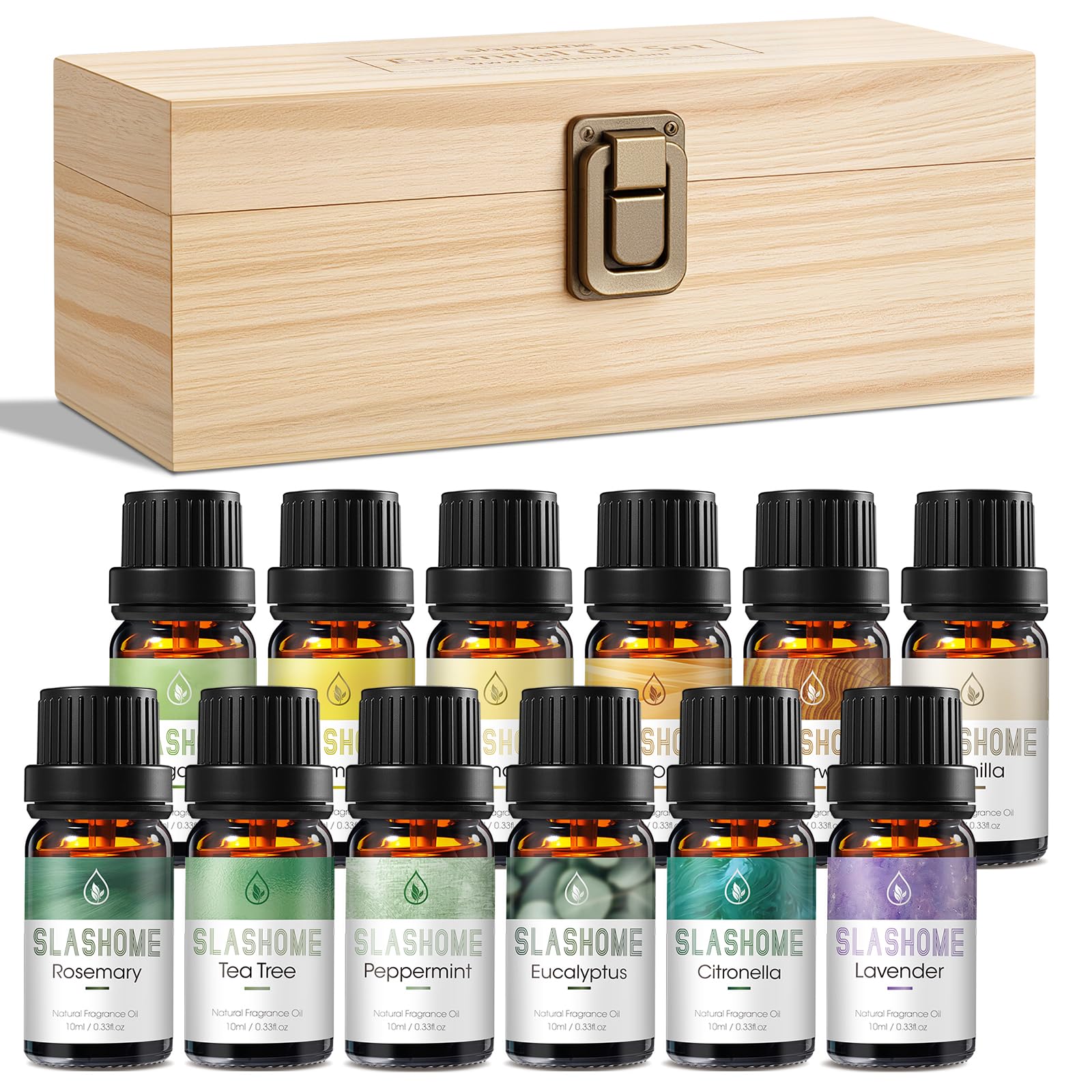 Slashome essential oils set in a wooden gift box promotes elegant gifting and calming aromas.