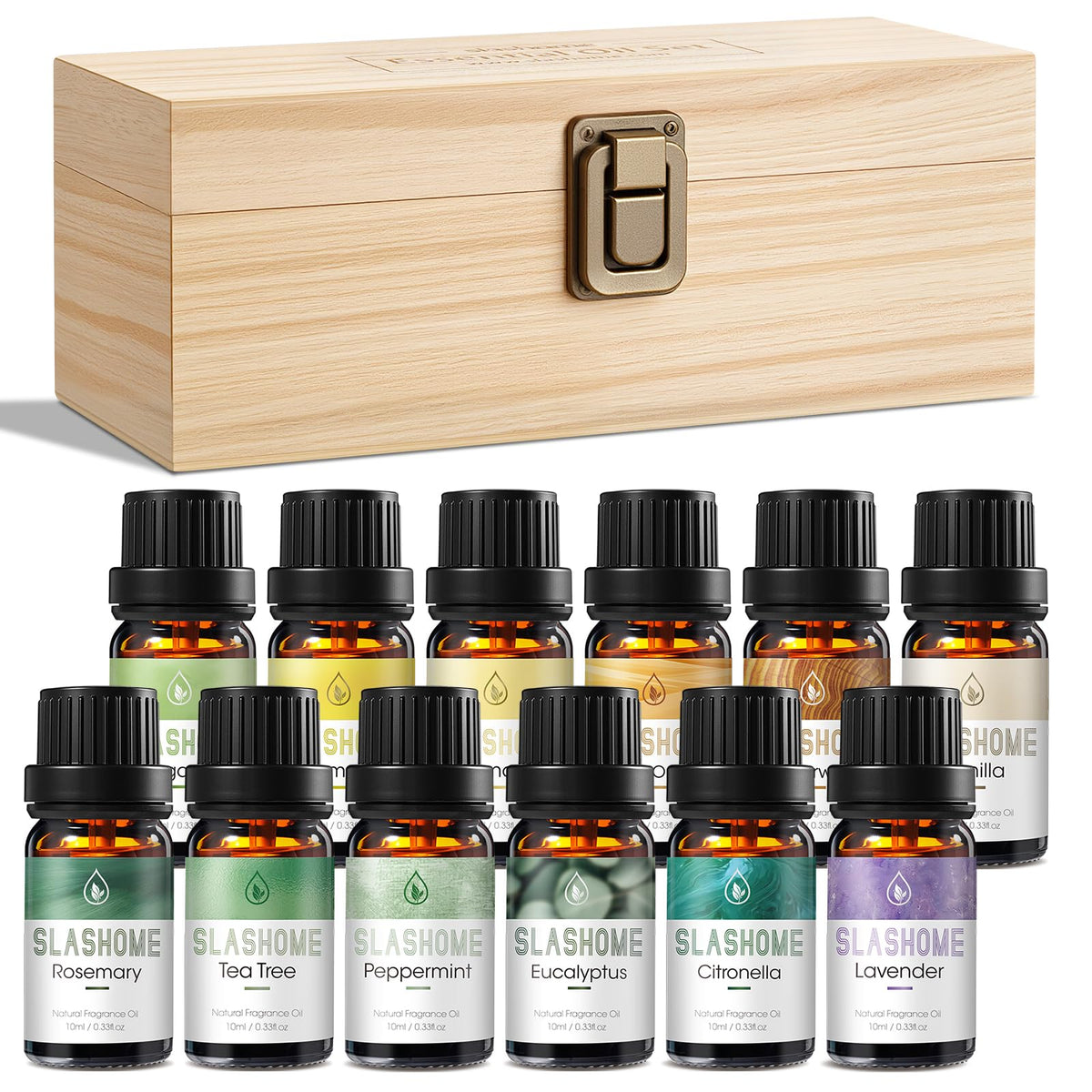 Slashome essential oils set in a wooden gift box promotes elegant gifting and calming aromas.