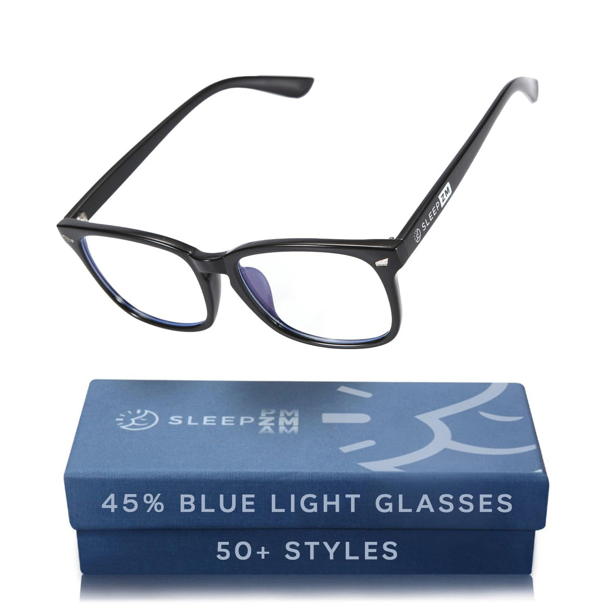 Sleep ZM blue light blocking glasses, black wayfarer front view, reduce blue light exposure for relaxed evenings.