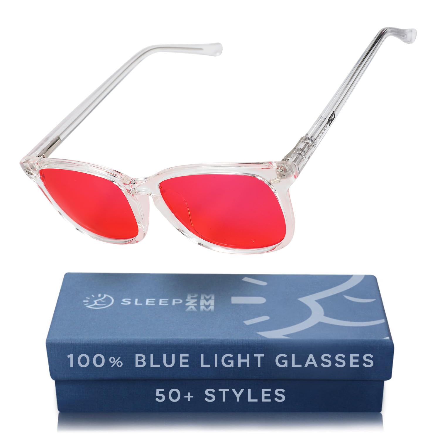 Sleep ZM Crystal Wayfarer glasses with amber lenses filter blue light for night-time comfort.