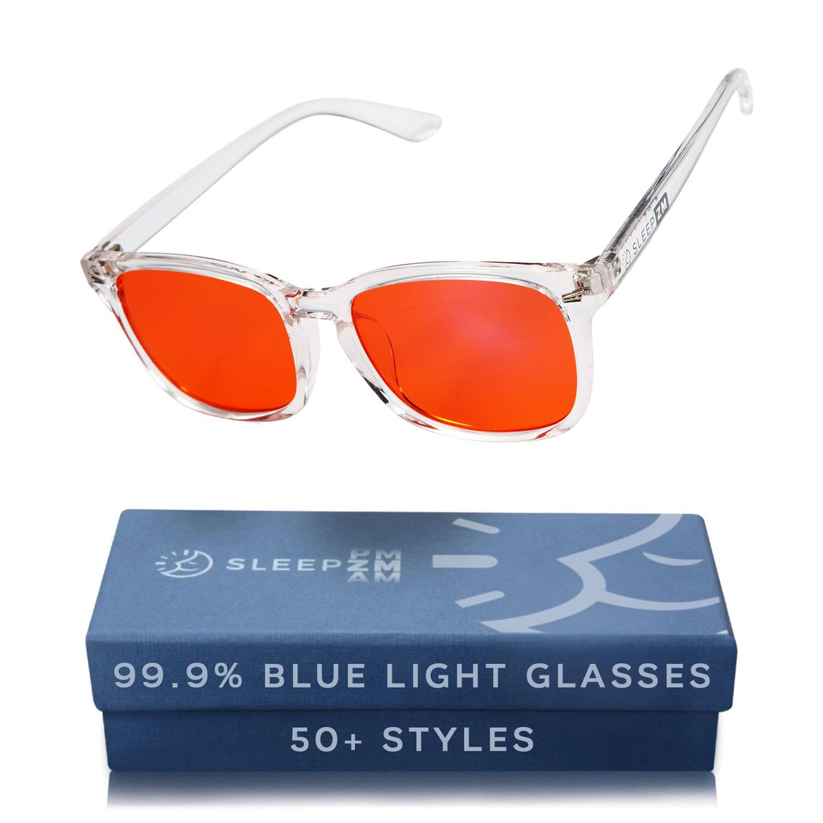Sleep ZM Crystal Wayfarer blue light glasses with amber lenses blocking blue light for comfortable evenings