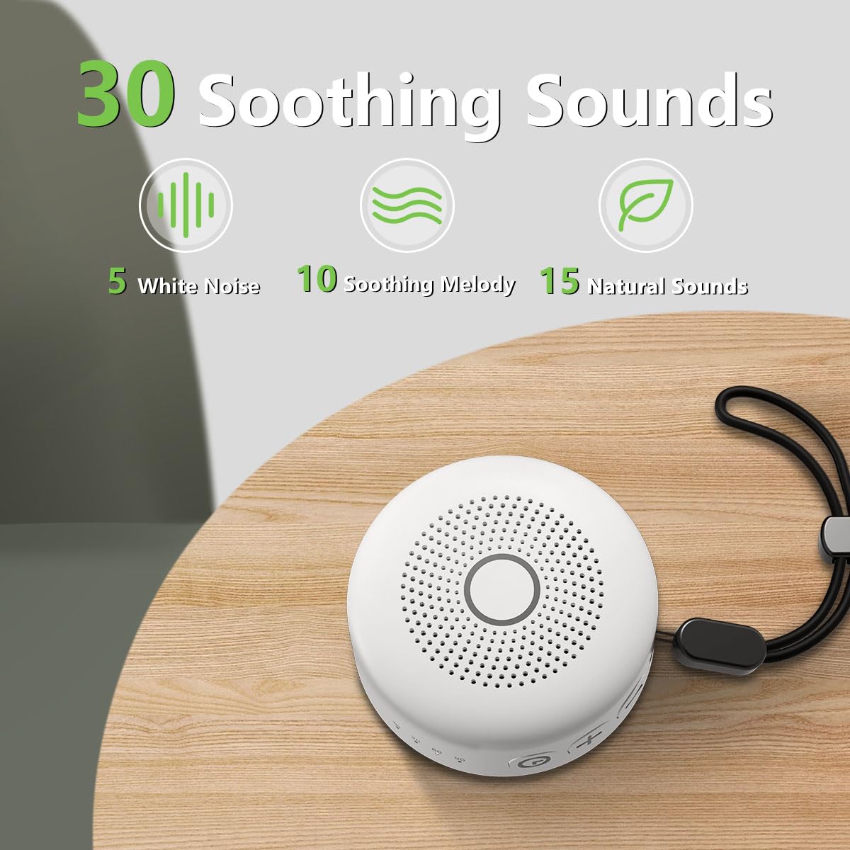 Sleepbox 30-sound selection display shows varied sleep ambience options.