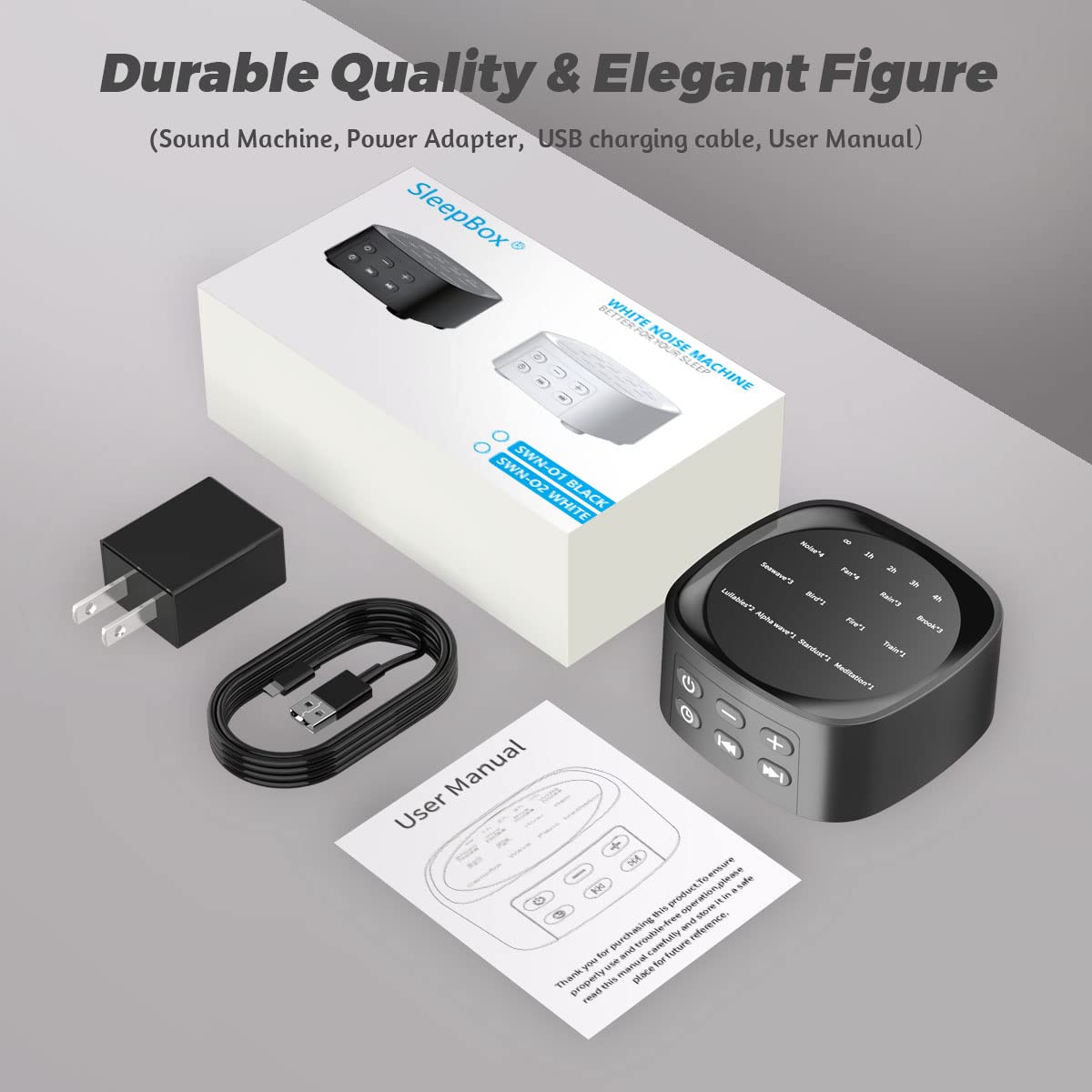 Sleepbox Sleep white noise machine includes power adapter and USB cable