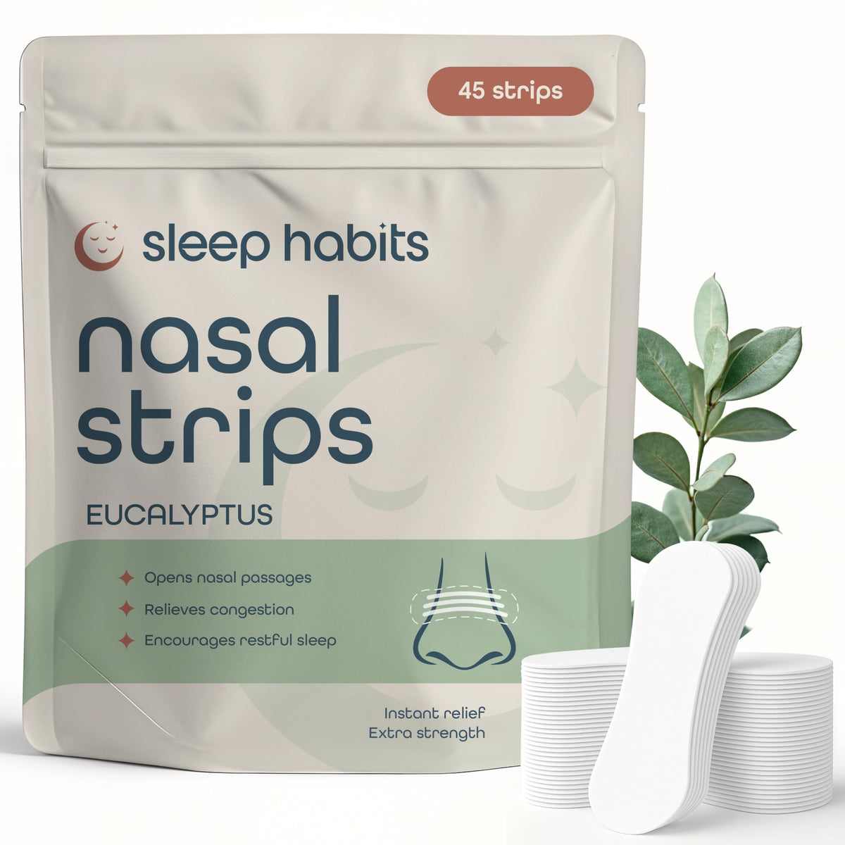 Sleep Habits nasal strips packaging shows an easy, drug-free breathing aid for better nights.