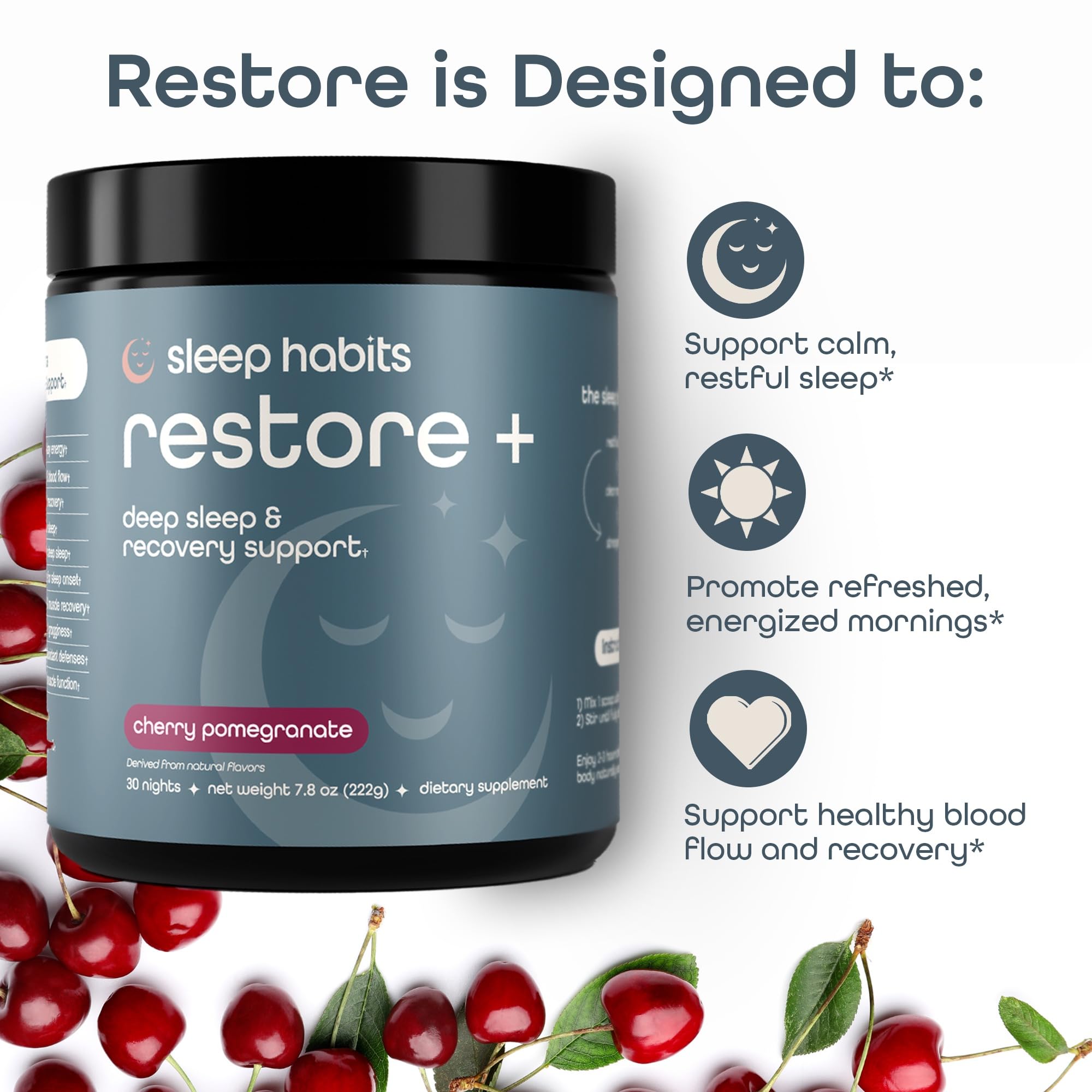 Sleep Habits Restore powder dissolving in water shown for quick, gentle bedtime ritual.